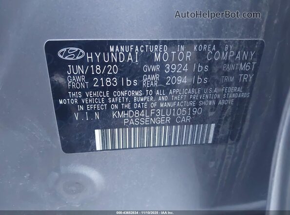 KMHD84LF3LU105190 2020 HYUNDAI ELANTRA Gray 