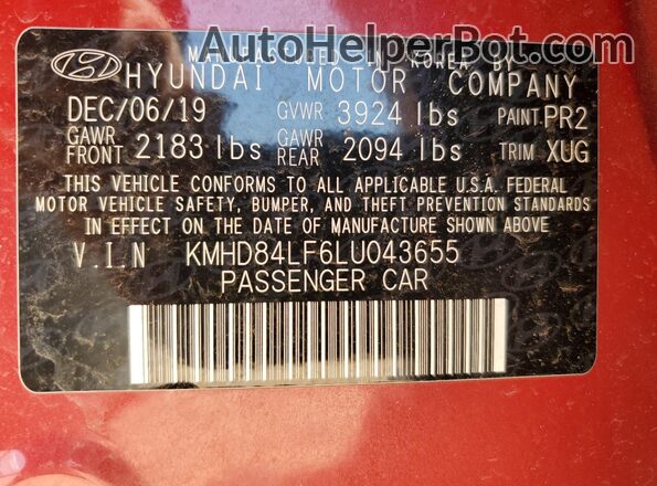KMHD84LF6LU043655 2020 HYUNDAI ELANTRA Maroon Vista del compartimento del motor