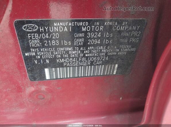 KMHD84LF8LU069724 2020 HYUNDAI ELANTRA Red Շարժիչի բաժամունքի տեսք