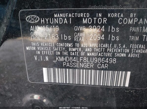 KMHD84LF8LU986498 2020 HYUNDAI ELANTRA Черный Вид подкапотного пространства