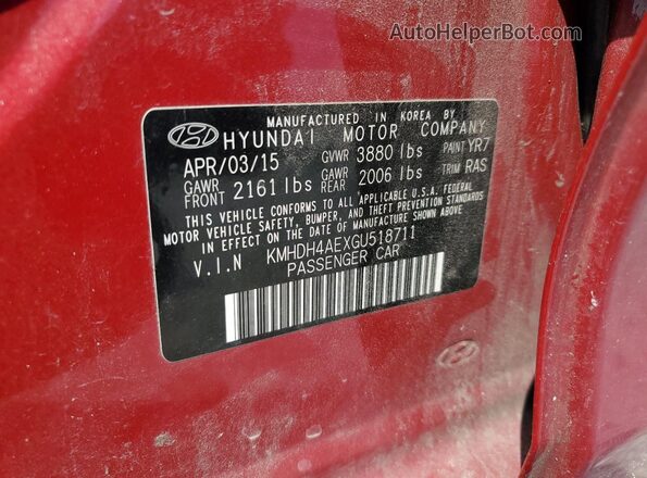 KMHDH4AEXGU518711 2016 HYUNDAI ELANTRA Красный Вид наклейки с VIN-кодом