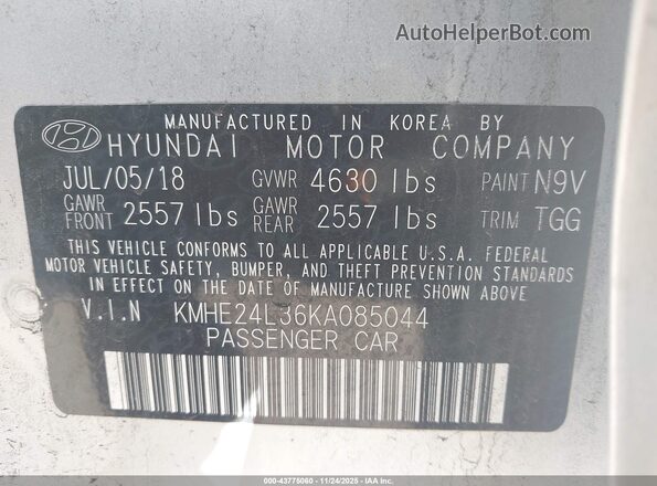 KMHE24L36KA085044 2019 HYUNDAI SONATA HYBRID Silver ძრავის განყოფილების ხედი