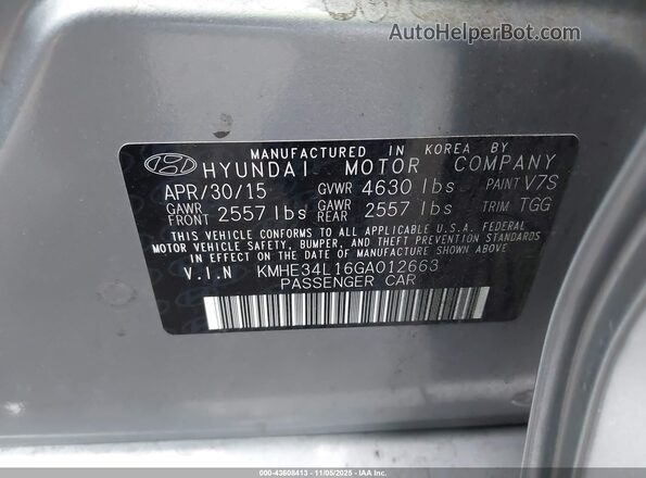 KMHE34L16GA012663 2016 HYUNDAI SONATA HYBRID Gray Widok komory silnika