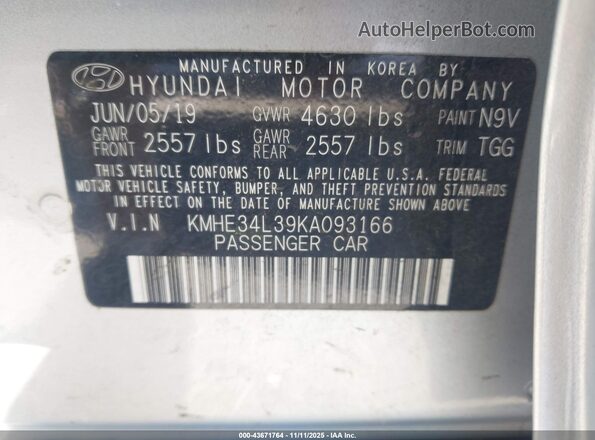 KMHE34L39KA093166 2019 HYUNDAI SONATA HYBRID Silver ძრავის განყოფილების ხედი