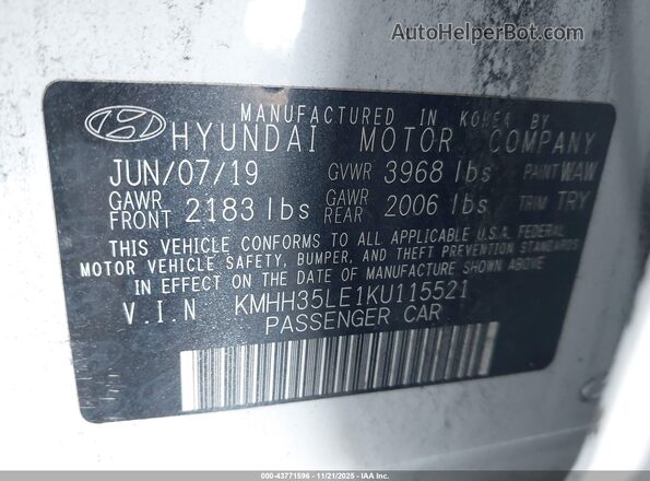 KMHH35LE1KU115521 2019 HYUNDAI ELANTRA GT White 