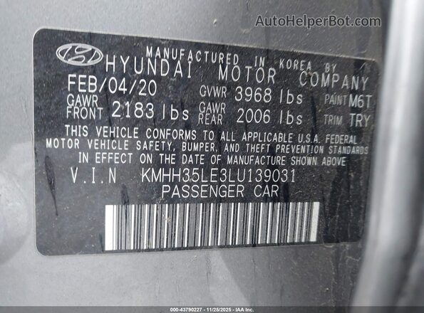 KMHH35LE3LU139031 2020 HYUNDAI ELANTRA GT Gray Engine compartment view