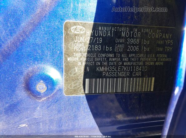 KMHH35LE7KU118410 2019 HYUNDAI ELANTRA GT Blue Engine compartment view