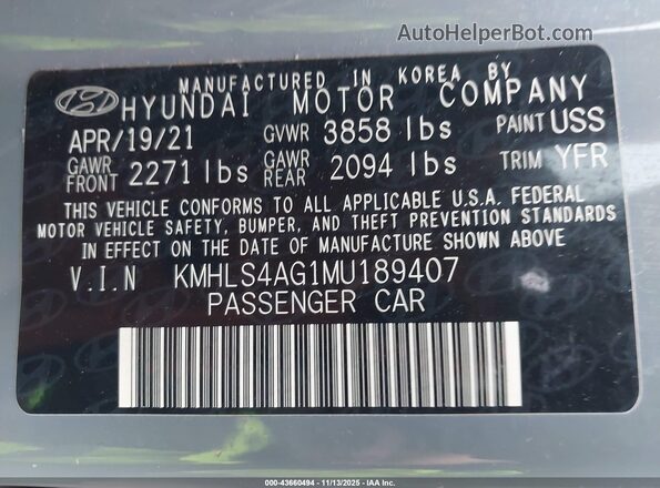 KMHLS4AG1MU189407 2021 HYUNDAI ELANTRA Серый Вид подкапотного пространства