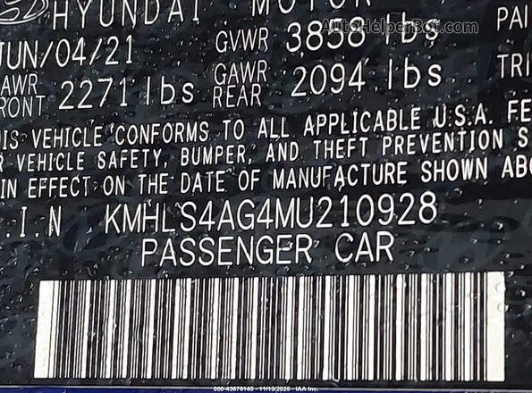 KMHLS4AG4MU210928 2021 HYUNDAI ELANTRA Blue Вид підкапотного простору