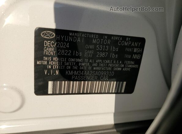 KMHM34AA2SA099310 2025 HYUNDAI IONIQ White Вид наклейки з VIN-кодом