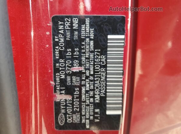KMHRC8A31LU016271 2020 HYUNDAI VENUE Red Widok naklejki z numerem VIN