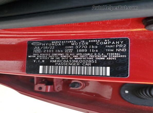 KMHRC8A33NU202851 2022 HYUNDAI VENUE Red Vista de la etiqueta del VIN