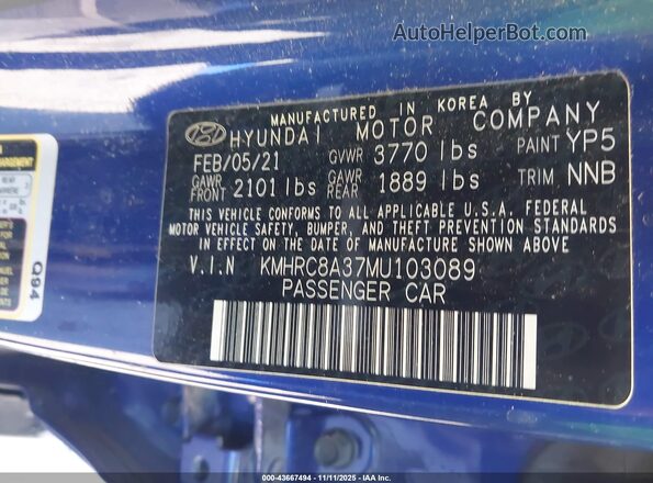 KMHRC8A37MU103089 2021 HYUNDAI VENUE Blue Вид підкапотного простору