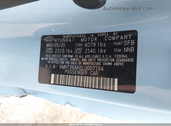 KMHT36AH2LU007164 2020 HYUNDAI VELOSTER N Light Blue Вид подкапотного пространства