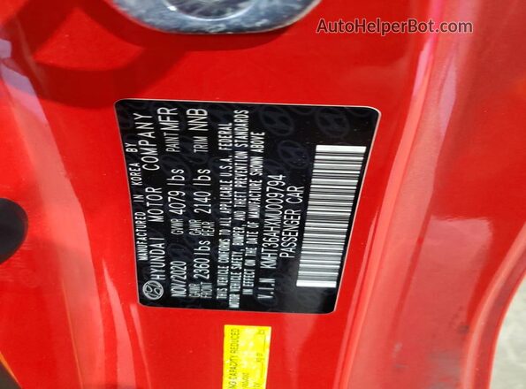 KMHT36AHXMU009794 2021 HYUNDAI VELOSTER Red VIN կոդի պիտակի տեսք