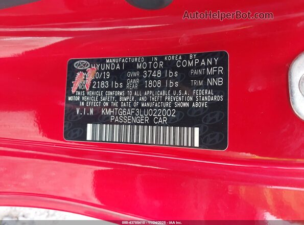 KMHTG6AF3LU022002 2020 HYUNDAI VELOSTER Красный 