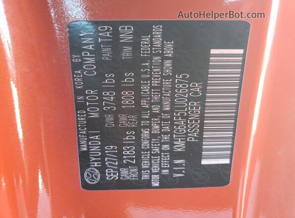 KMHTG6AF5LU026875 2020 HYUNDAI VELOSTER Orange VIN կոդի պիտակի տեսք