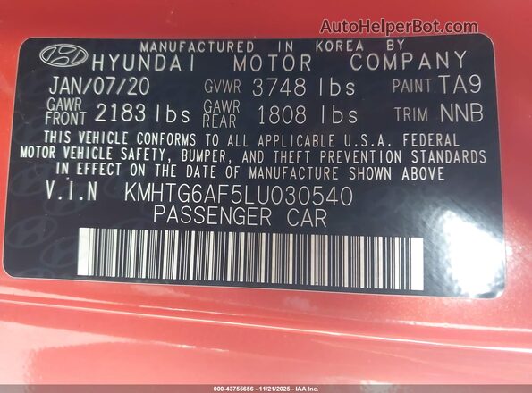 KMHTG6AF5LU030540 2020 HYUNDAI VELOSTER Оранжевый Вид подкапотного пространства