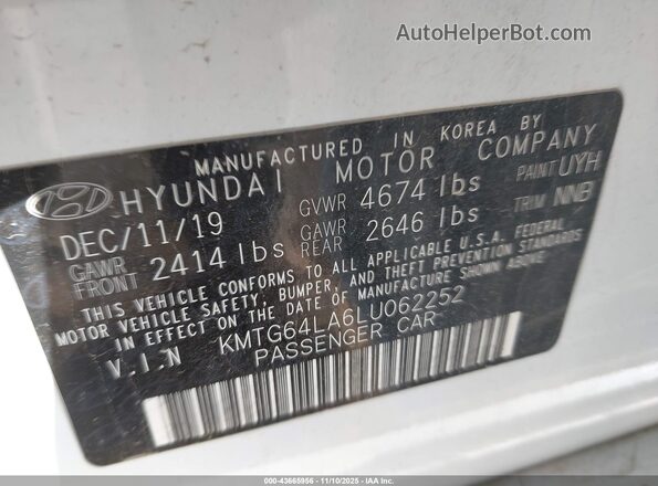 KMTG64LA6LU062252 2020 GENESIS G70 White Engine compartment view