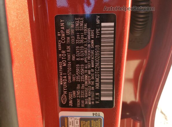 KMUMCDTC2NU028918 2022 GENESIS GV70 Red VIN კოდის სტიკერის ხედი