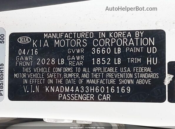 KNADM4A33H6016169 2017 KIA RIO White Vista del compartimento del motor