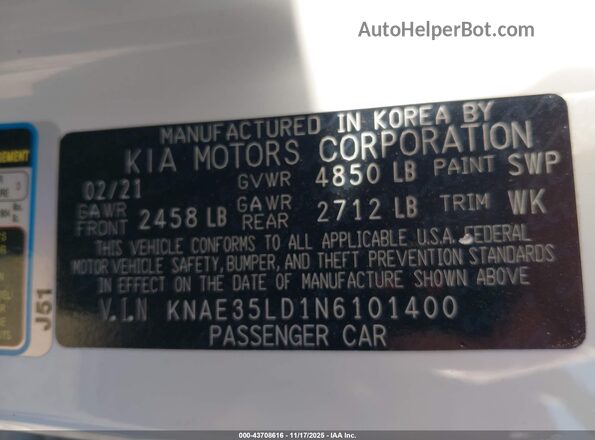 KNAE35LD1N6101400 2022 KIA STINGER White Engine compartment view