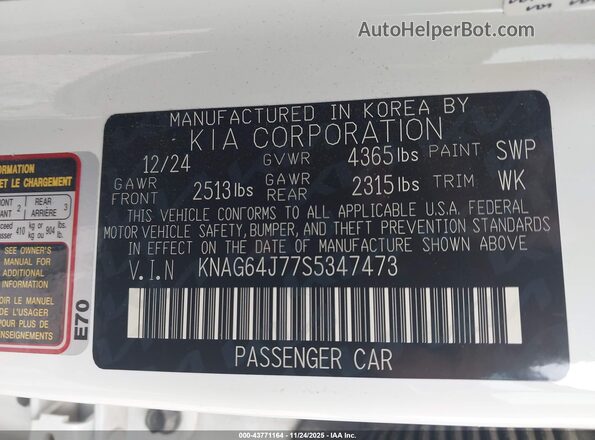 KNAG64J77S5347473 2025 KIA K5 White 