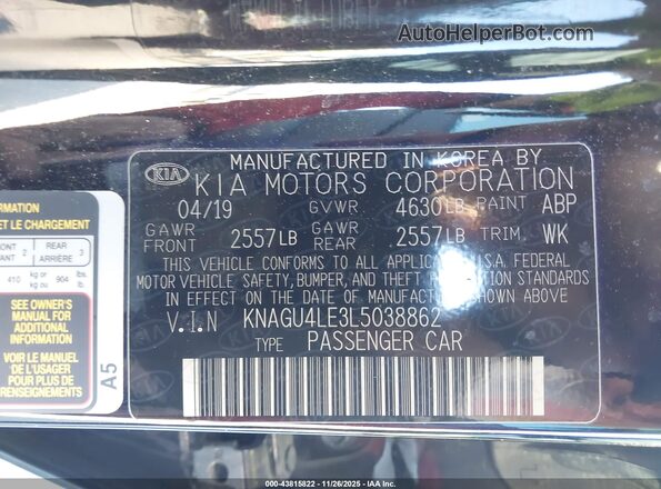 KNAGU4LE3L5038862 2020 KIA OPTIMA HYBRID Black Շարժիչի բաժամունքի տեսք
