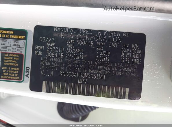 KNDC34LB3N5051141 2022 KIA EV6 White 