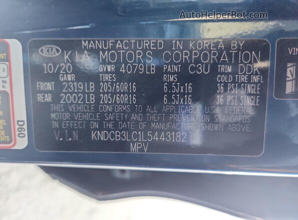 KNDCB3LC1L5443182 2020 KIA NIRO Синий Панорамный вид салона 360°