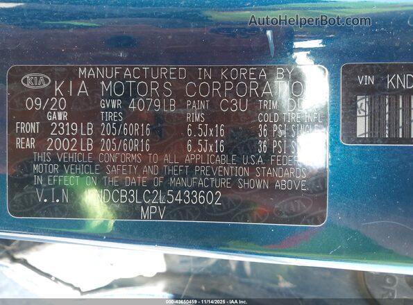 KNDCB3LC2L5433602 2020 KIA NIRO Blue ძრავის განყოფილების ხედი