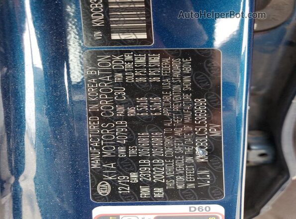 KNDCB3LC5L5369698 2020 KIA NIRO Blue VIN კოდის სტიკერის ხედი