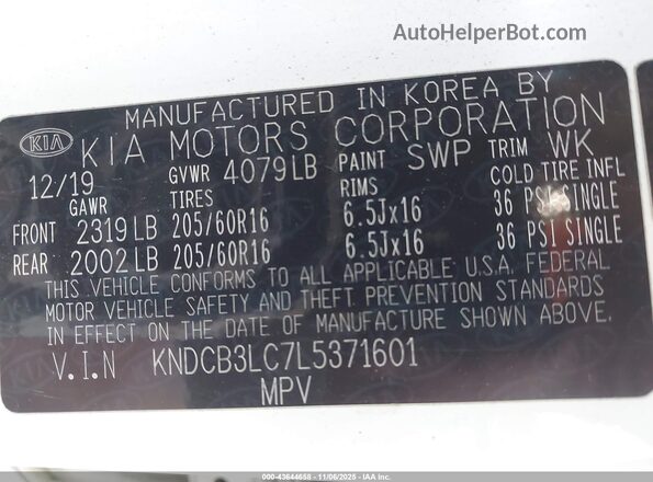 KNDCB3LC7L5371601 2020 KIA NIRO White Вид підкапотного простору