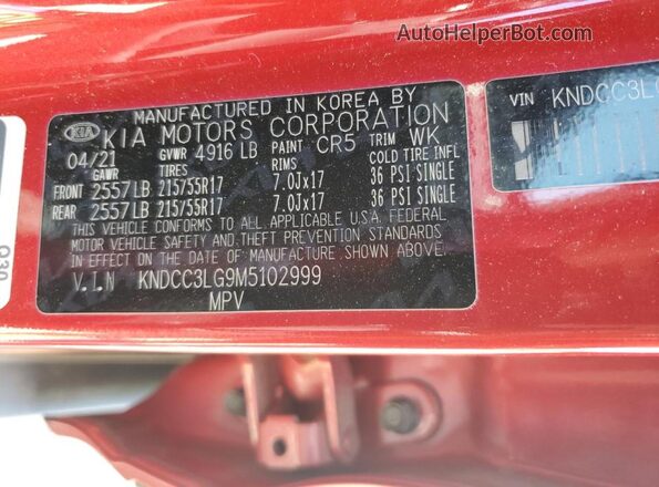 KNDCC3LG9M5102999 2021 KIA NIRO Red 