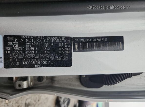 KNDCC3LGXL5062141 2020 KIA NIRO Silver Widok naklejki z numerem VIN