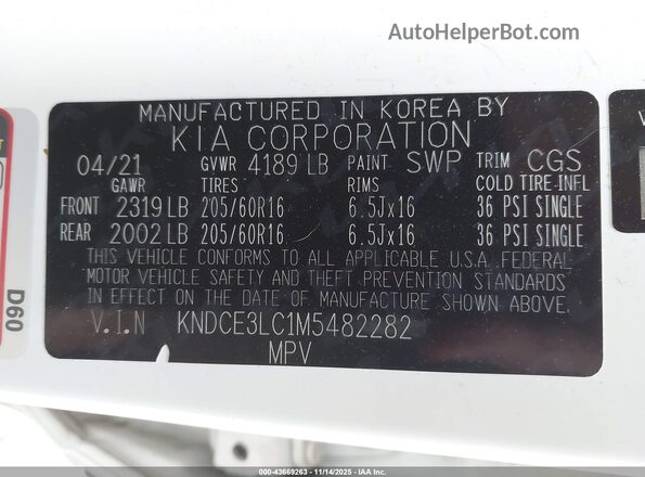 KNDCE3LC1M5482282 2021 KIA NIRO White ძრავის განყოფილების ხედი