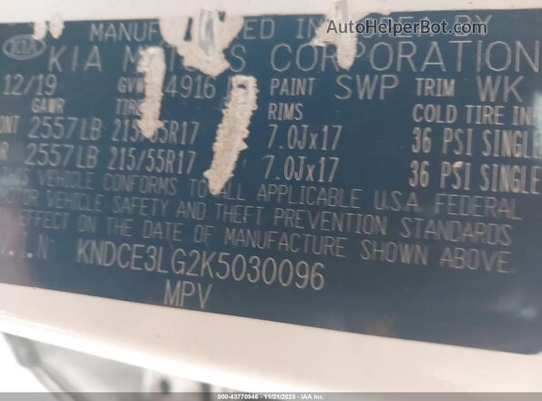 KNDCE3LG2K5030096 2019 KIA NIRO EV White Vista del compartimento del motor