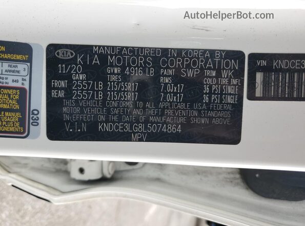 KNDCE3LG8L5074864 2020 KIA NIRO White Vista interior de 360 grados