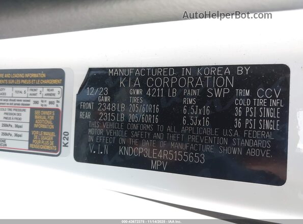 KNDCP3LE4R5155653 2024 KIA NIRO White ძრავის განყოფილების ხედი