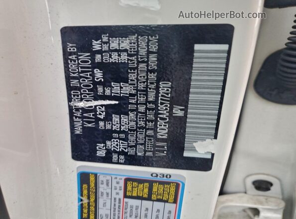 KNDEPCAA9S7721910 2025 KIA SELTOS White VIN კოდის სტიკერის ხედი