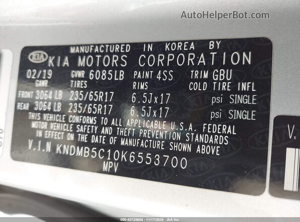 KNDMB5C10K6553700 2019 KIA SEDONA Beige ძრავის განყოფილების ხედი