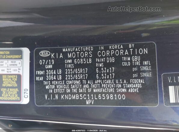 KNDMB5C11L6598100 2020 KIA SEDONA Blue Engine compartment view