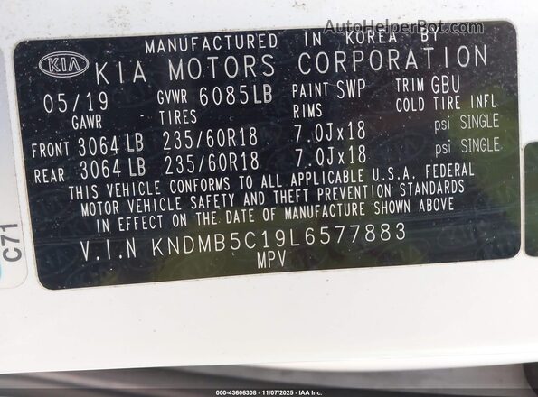 KNDMB5C19L6577883 2020 KIA SEDONA Белый 