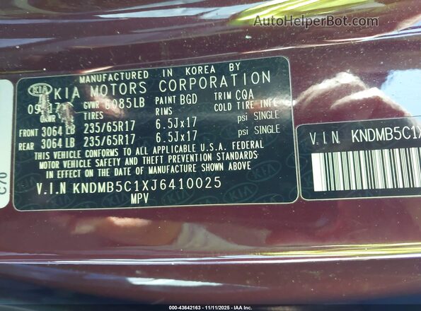KNDMB5C1XJ6410025 2018 KIA SEDONA Burgundy 