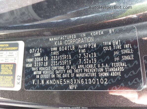 KNDNE5H3XN6130102 2022 KIA CARNIVAL MPV Gray Widok komory silnika