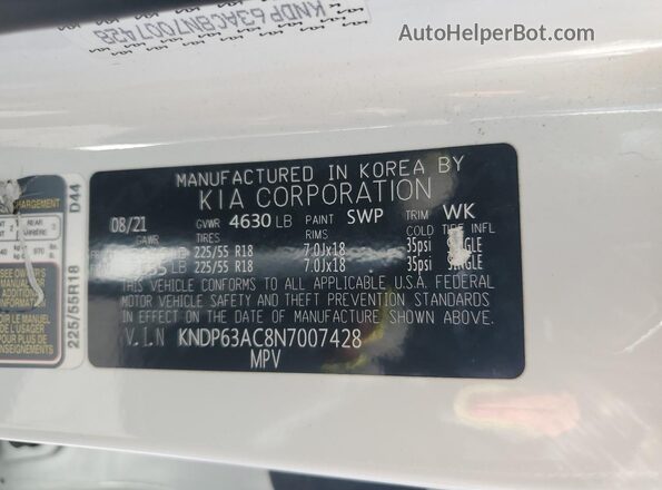 KNDP63AC8N7007428 2022 KIA SPORTAGE White Vista de la etiqueta del VIN