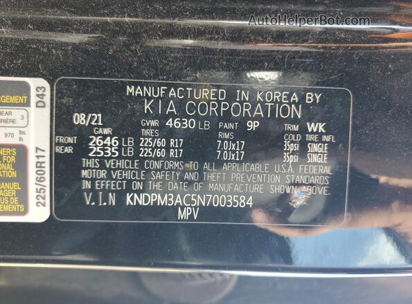 KNDPM3AC5N7003584 2022 KIA SPORTAGE Black VIN կոդի պիտակի տեսք