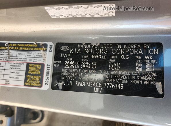 KNDPM3AC6L7776349 2020 KIA SPORTAGE Silver Вид наклейки з VIN-кодом