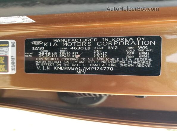 KNDPM3AC7M7924770 2021 KIA SPORTAGE Brown VIN კოდის სტიკერის ხედი