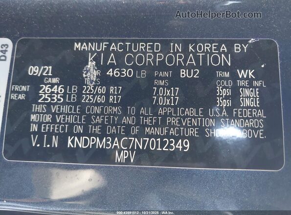 KNDPM3AC7N7012349 2022 KIA SPORTAGE Navy Вид підкапотного простору